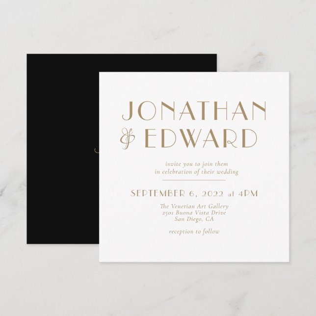 Elegant Minimalist Black Gold Wedding Invitation (Front/Back)