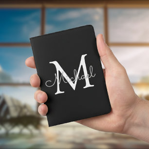 Elegant Minimalist Black Monogram Custom Name Passport Holder