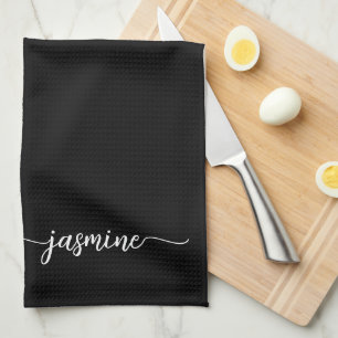 Elegant Minimalist Black Monogram Name Script Kitchen Towel