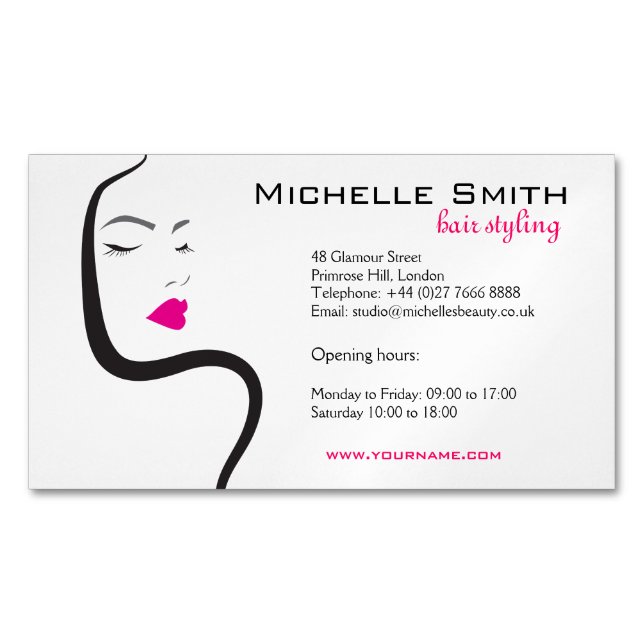 Elegant Minimalist Black Pink Hair Beauty Salon Magnetic Business Card (Front)