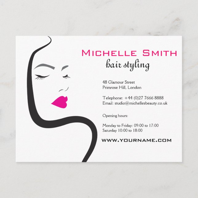 Elegant Minimalist Black Pink Hair Beauty Salon Postcard (Front)
