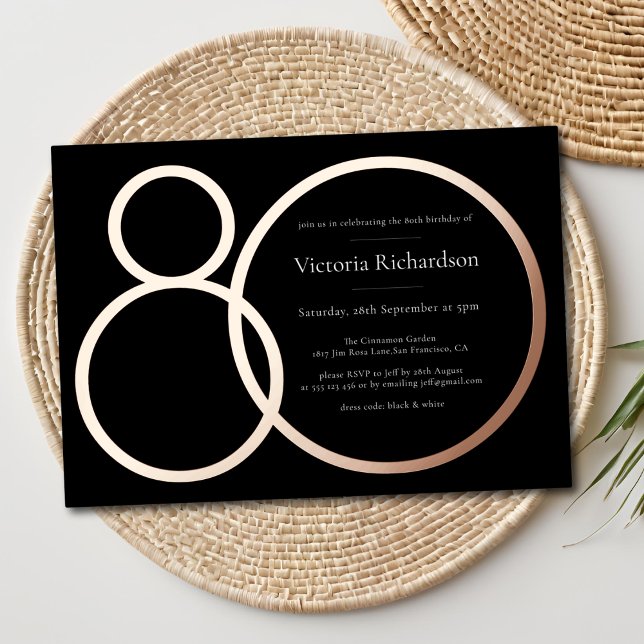 Elegant Minimalist Black Rose Gold 80th Birthday Foil Invitation (Elegant Minimalist Black Rose Gold 80th Birthday Foil Invitation)