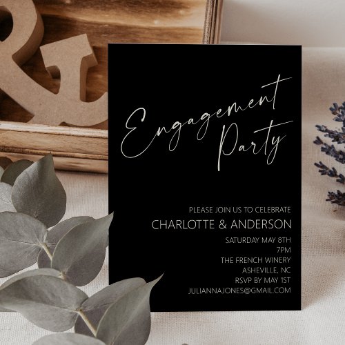 Elegant Minimalist Black Script Engagement Party  Invitation