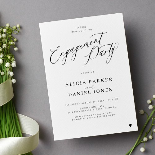 Elegant minimalist black script engagement party invitation