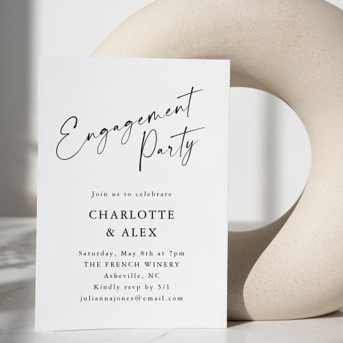 Elegant Minimalist Black Script Engagement Party Invitation