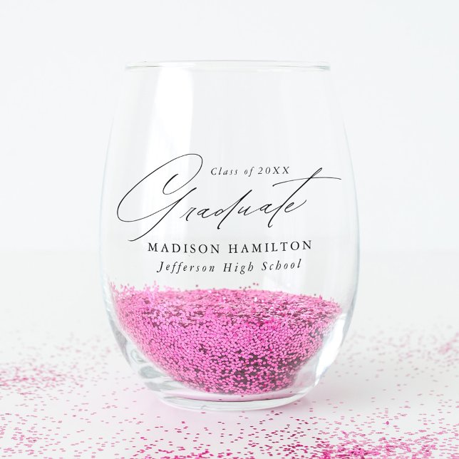 Elegant Minimalist Black Script Graduation Stemless Wine Glass (Creator Uploaded)