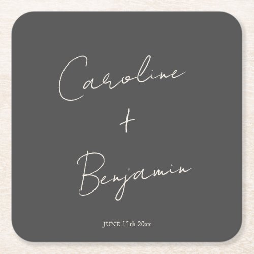 Elegant Minimalist Black Script Wedding Custom Square Paper Coaster
