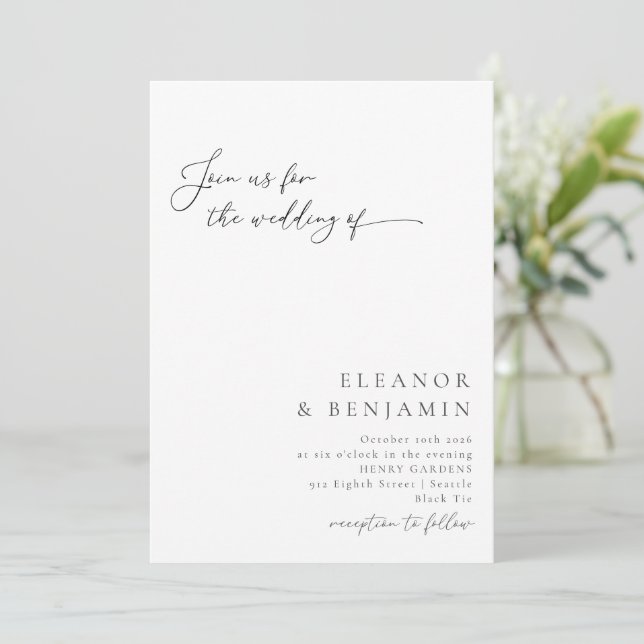 Elegant Minimalist Black White Chic Script Wedding Invitation (Standing Front)