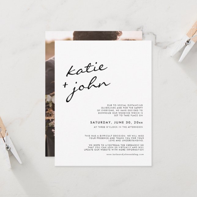 Elegant Minimalist Black White Downsized Wedding Invitation (Front/Back In Situ)