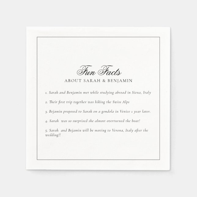 Elegant Minimalist Black & White Fun Facts Wedding Napkins (Front)