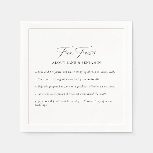 Elegant Minimalist Black & White Fun Facts Wedding Napkins (Front)