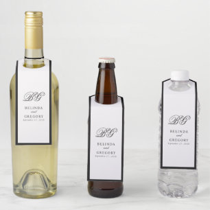 Elegant Minimalist Black White Monogram Wedding Bottle Hanger Tag