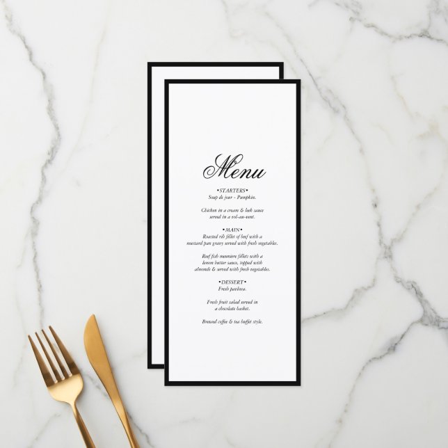 Elegant Minimalist Black White Monogram Wedding Menu (Front/Back In Situ)