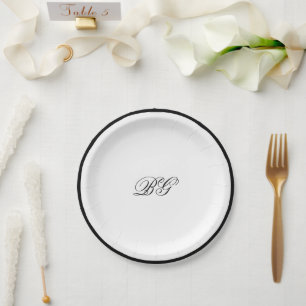 Elegant Minimalist Black White Monogram Wedding Paper Plates