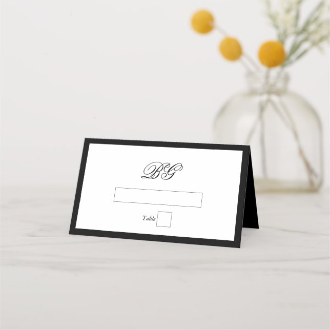Elegant Minimalist Black White Monogram Wedding Place Card (Front)