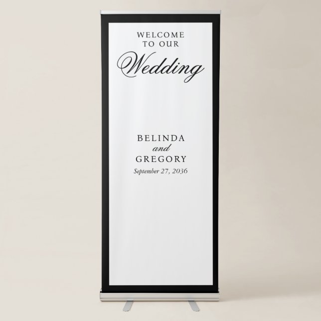 Elegant Minimalist Black White Monogram Wedding Retractable Banner (Front)