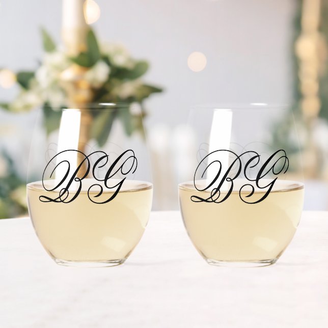 Elegant Minimalist Black White Monogram Wedding Stemless Wine Glass (Insitu (Wedding))