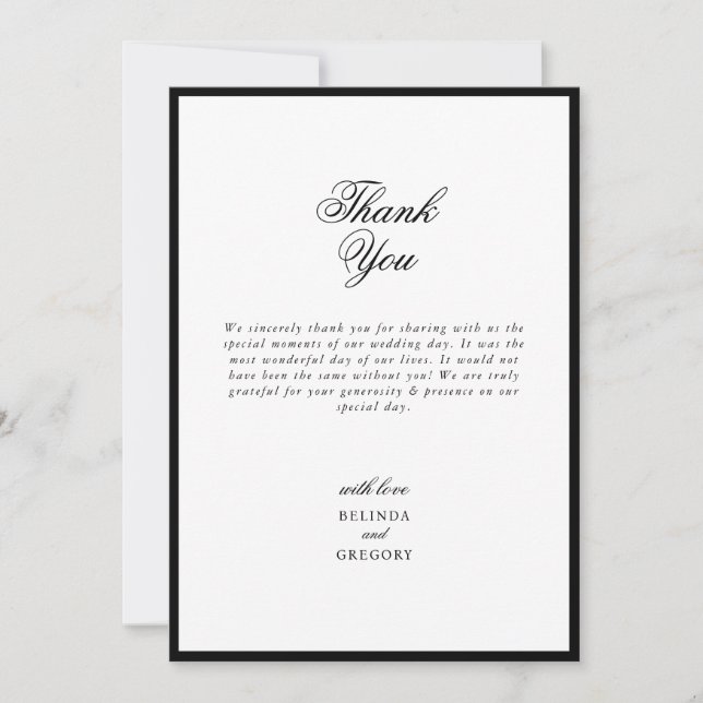 Elegant Minimalist Black White Monogram Wedding Thank You Card (Front)