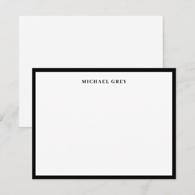 Elegant Minimalist Black White Name Border Flat Note Card (Front/Back)