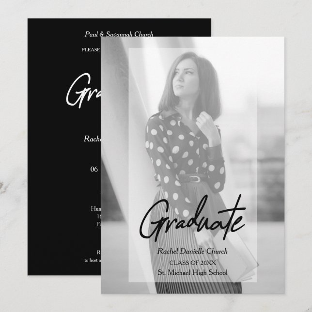 Elegant Minimalist Black & White Photo Graduation Invitation (Front/Back)