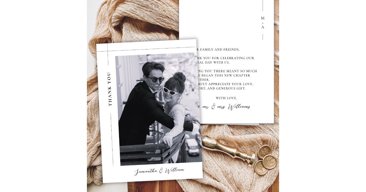 Elegant Minimalist Black White Photo Wedding Thank You Card | Zazzle