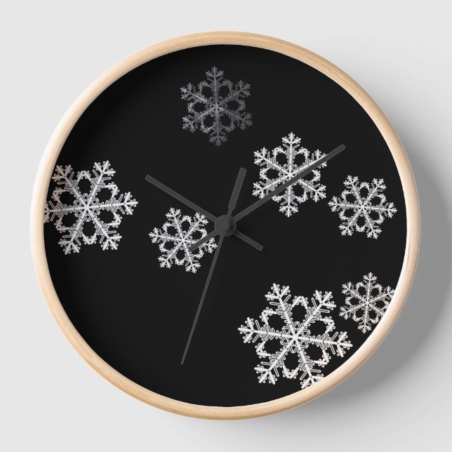 Elegant Minimalist Black White Snowflake Pattern Clock (Front)