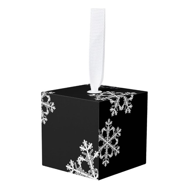 Elegant Minimalist Black White Snowflake Pattern Cube Ornament (Front Angled)