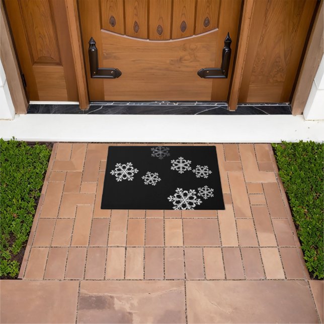 Elegant Minimalist Black White Snowflake Pattern Doormat (Outdoor)