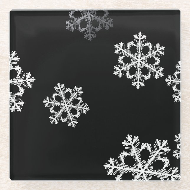 Elegant Minimalist Black White Snowflake Pattern Glass Coaster (Front)