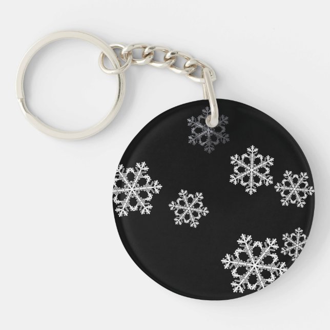 Elegant Minimalist Black White Snowflake Pattern Keychain (Front)