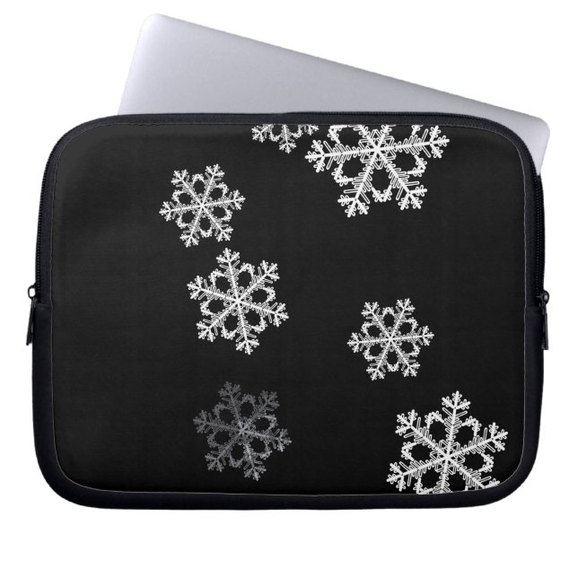 Elegant Minimalist Black White Snowflake Pattern Laptop Sleeve (Front)