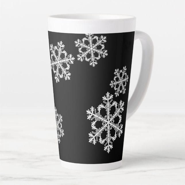 Elegant Minimalist Black White Snowflake Pattern Latte Mug (Right Angle)