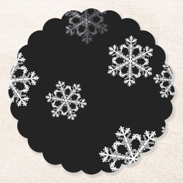 Elegant Minimalist Black White Snowflake Pattern Paper Coaster (Front)