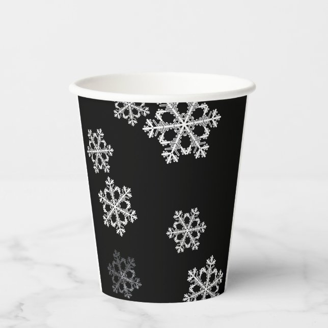 Elegant Minimalist Black White Snowflake Pattern Paper Cups (Front)
