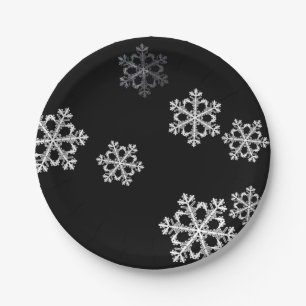 Elegant Minimalist Black White Snowflake Pattern Paper Plates