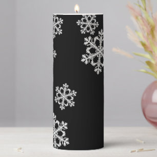 Elegant Minimalist Black White Snowflake Pattern Pillar Candle
