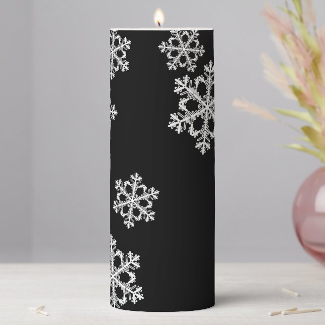 Elegant Minimalist Black White Snowflake Pattern Pillar Candle (In Situ)