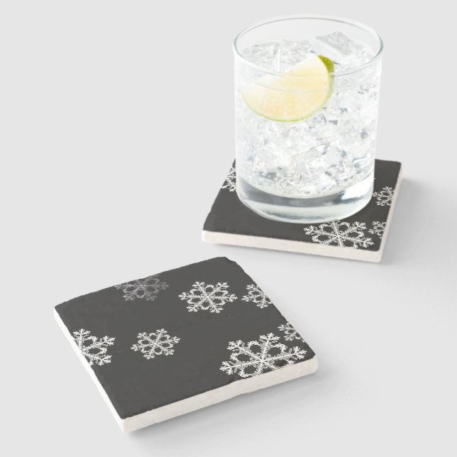Elegant Minimalist Black White Snowflake Pattern Stone Coaster (Side)