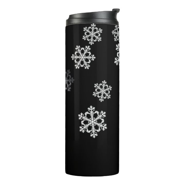 Elegant Minimalist Black White Snowflake Pattern Thermal Tumbler (Rotated Left)