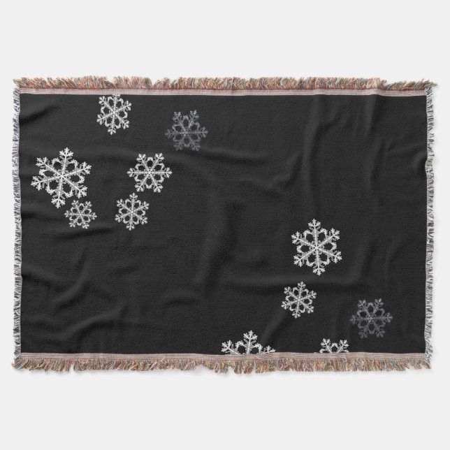 Elegant Minimalist Black White Snowflake Pattern Throw Blanket (Front)