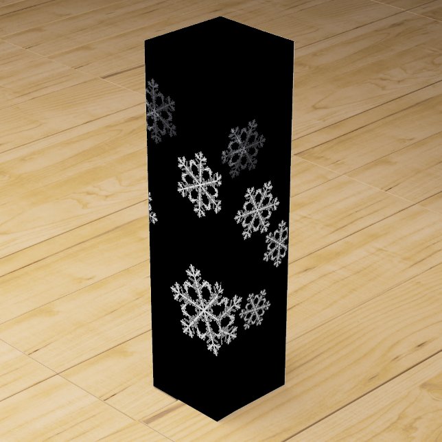 Elegant Minimalist Black White Snowflake Pattern Wine Box (Front)
