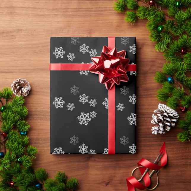 Elegant Minimalist Black White Snowflake Pattern Wrapping Paper (Holiday Gift)