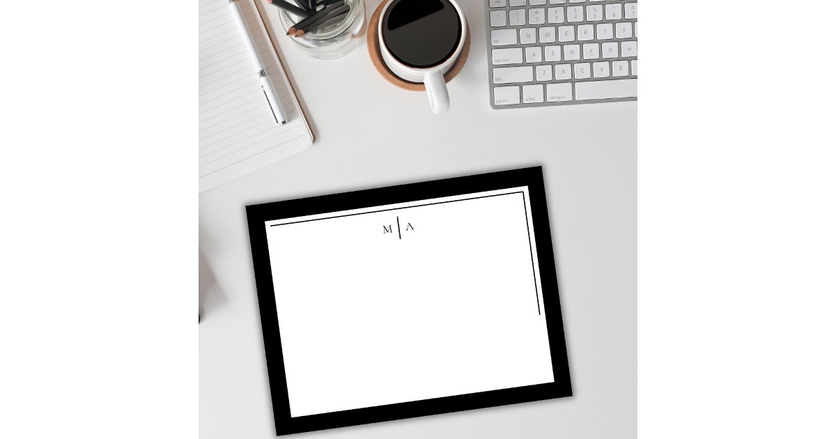 Elegant Minimalist Black White Two Border Monogram Note Card | Zazzle