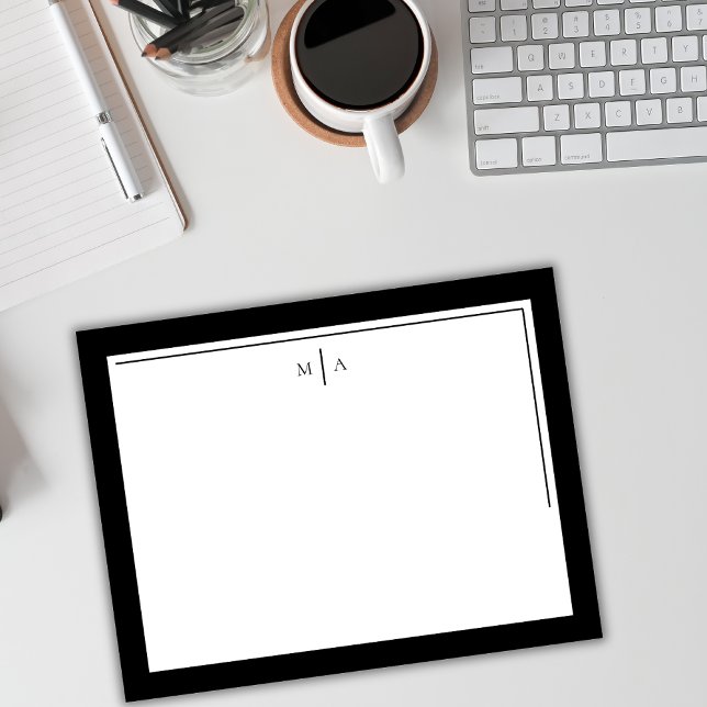 Elegant Minimalist Black White Two Border Monogram Note Card (Creator Uploaded)