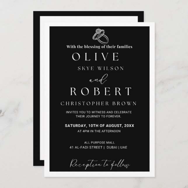 Elegant Minimalist Black &White Wedding Invitation (Front/Back)