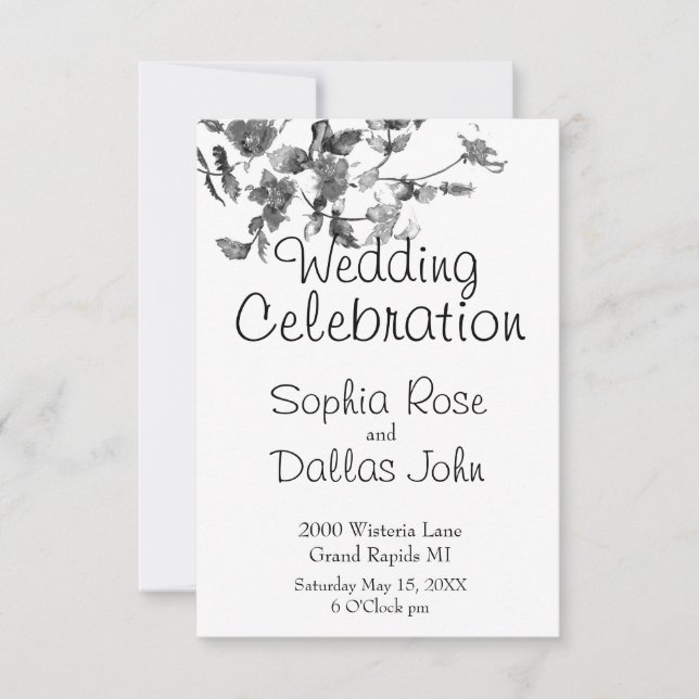 Elegant minimalist black white wildflowers Wedding Invitation (Front)
