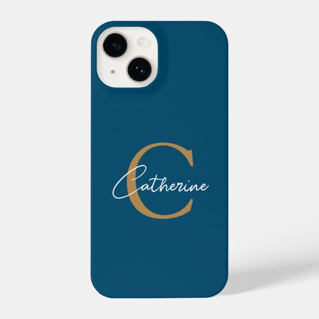 Elegant Minimalist Blue and Gold Script Monogram iPhone Case (Back)