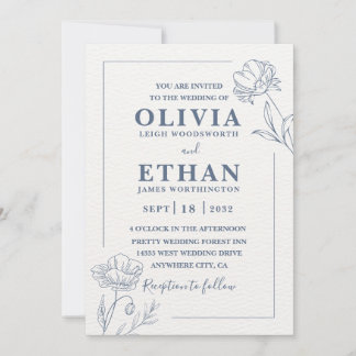 Elegant Minimalist Blue Floral Sketch Wedding  Invitation