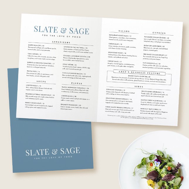 Elegant Minimalist Blue Folded Restaurant Menu (Creator Uploaded)