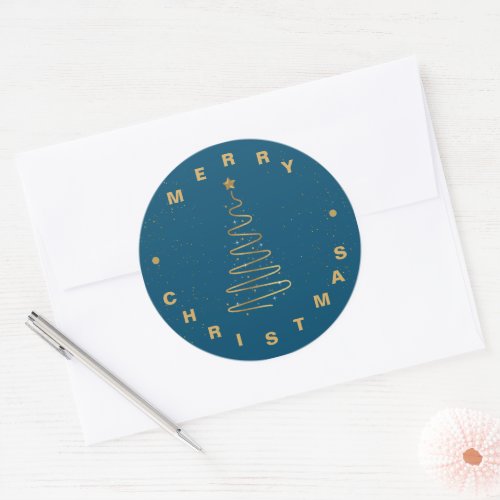 Elegant Minimalist Blue Gold Star Merry Christmas Classic Round Sticker